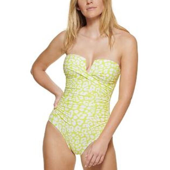 Calvin Klein Women's Animal Print Tummy Control One Piece Swimsuit Yellow 4 NWT - Picture 1 of 7